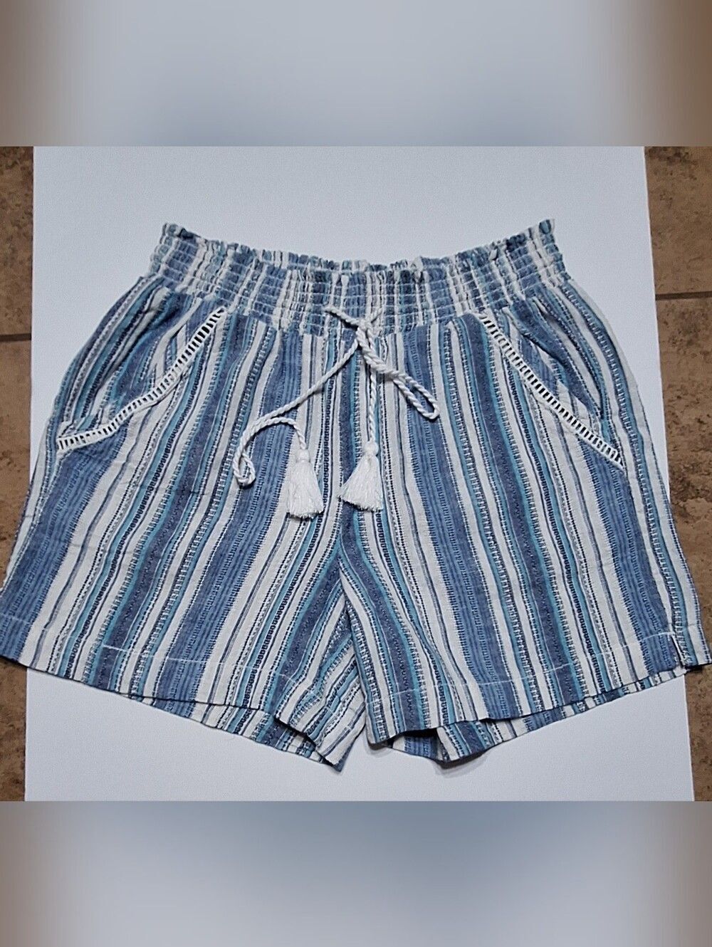 Briggs Blue & White Striped Linen Blend Tassel Drawstring Pull-On Shorts Size S